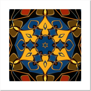 Cartoon Mandala Flower Yellow Blue and Orange Posters and Art